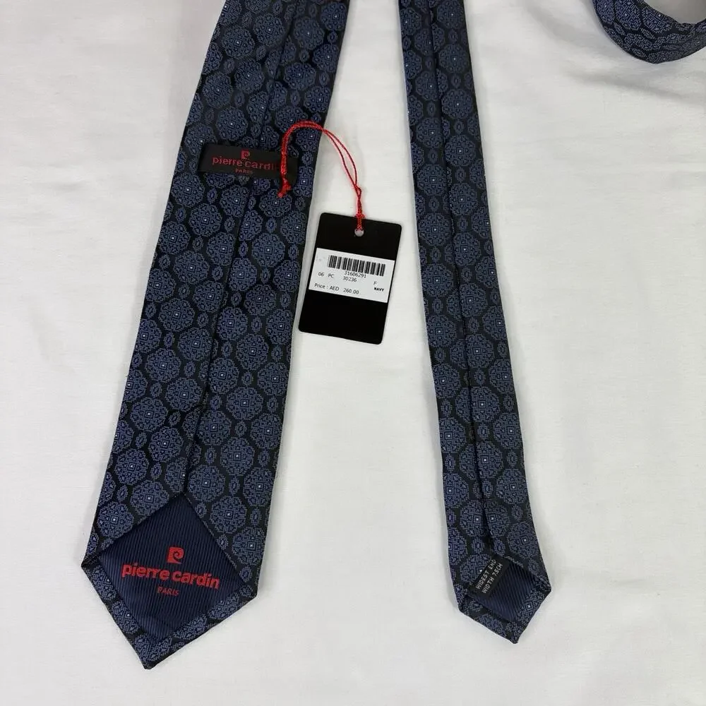 Pierre Cardin Paris Navy Blue Necktie Medallions Design NWT Polyester, Handmade